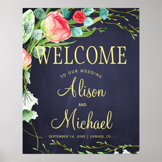 Pink red garden roses navy wedding welcome sign (Front)