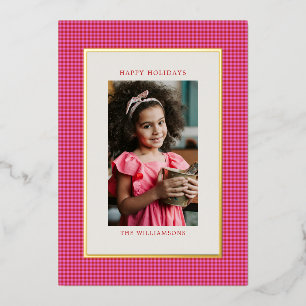 Pink Red Gingham Plaid Family Photo Christmas Gold Foil Holiday Card