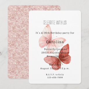 Pink Red Glitter Butterflies Birthday Invitation