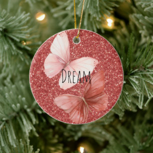 Pink Red Glitter Butterflies Christmas Ceramic Tree Decoration