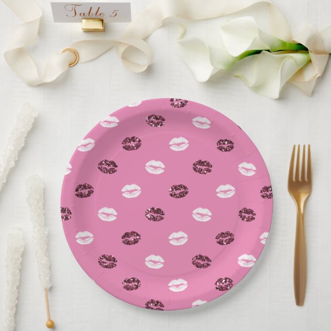Pink Red Glitter White Kisses Lips   Paper Plate (Wedding)