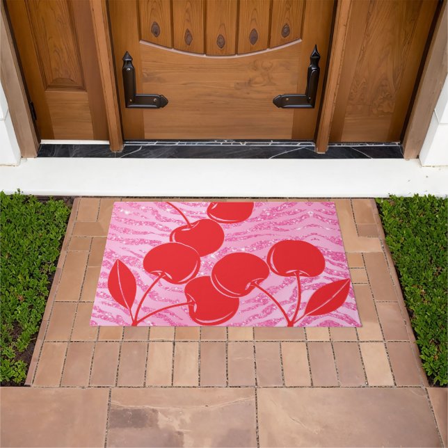 Pink Red Glitter Zebra Cherries Doormat (Outdoor)