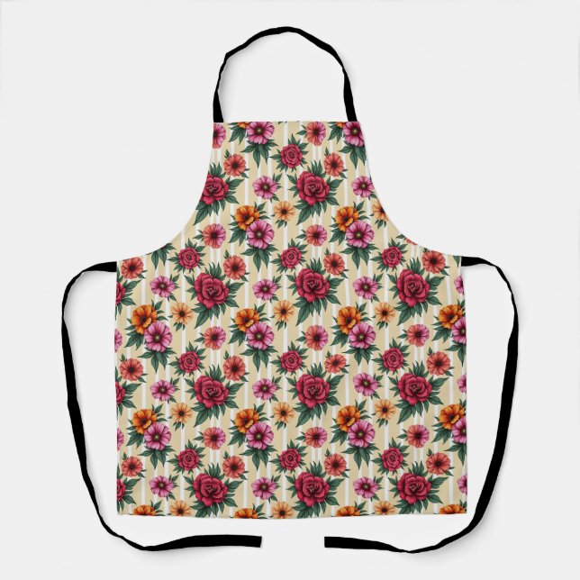 Pink Red Gold Flowers on Tan Stripes Apron (Front)