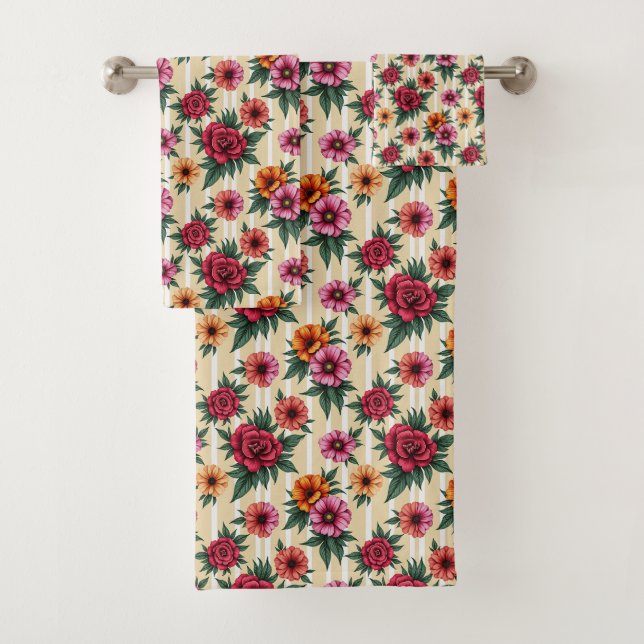 Pink Red Gold Flowers on Tan Stripes Bath Towel Set (Insitu)