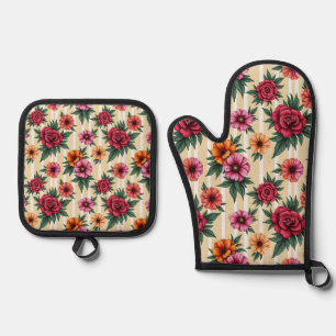 Pink Red Gold Flowers on Tan Stripes Oven Mitt & Pot Holder Set