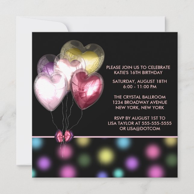 Pink Red Gold Heart Balloons Sweet 16 Party Invitation (Front)