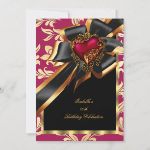 Pink Red Gold Heart Bow Black Birthday Party 2 Invitation