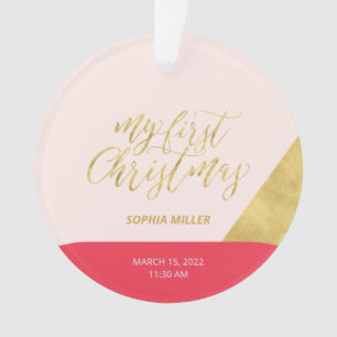 Pink, Red & Gold Modern First Christmas Photo Ornament