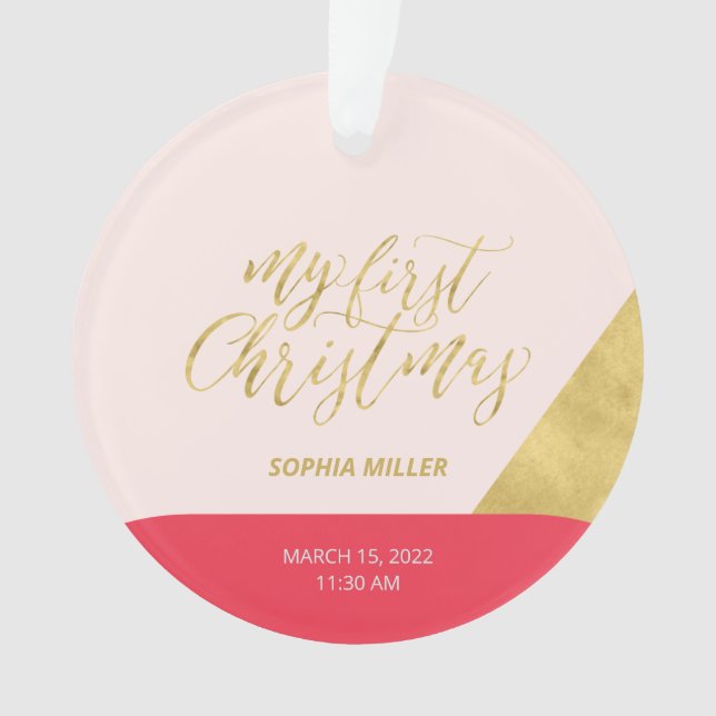 Pink, Red & Gold Modern First Christmas Photo Ornament (Front)