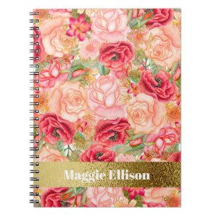 Pink Red Gold Roses Personalised Flowers Notebook