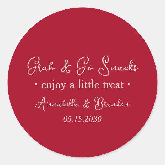 Pink Red Grab & Go Wedding Snack Classic Round Sticker (Front)