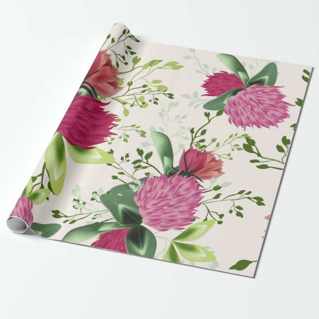 Pink Red Green Clover Floral Watercolor Wrapping Paper (Unrolled)