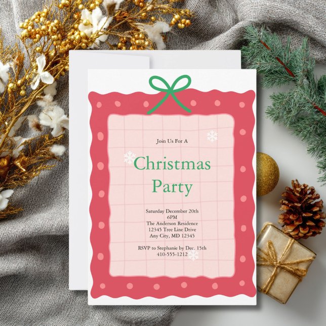 Pink Red Green Coquette Bow Doodle Christmas Party Invitation (Pink Red Green Bow Christmas Holiday Party invitation  Printed or Digital Downlaod)