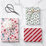 Pink Red Green Cute Cosy Christmas Patterns Wrapping Paper Sheet<br><div class="desc">Cute Christmas wrapping papers in three matching designs. One with snowmen,  Santas,  spruce needles,  steaming cups of cocoa,  and more. One with holly,  and one with peppermint stripes.</div>