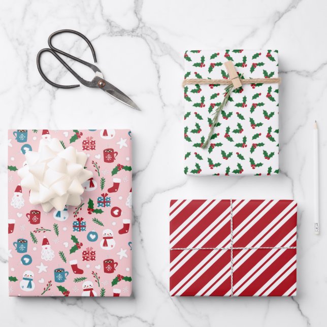  Pink Red Green Cute Cosy Christmas Patterns Wrapping Paper Sheet (Front)