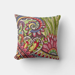 Pink Red Green Flowers And Swirl Pattern Cushion