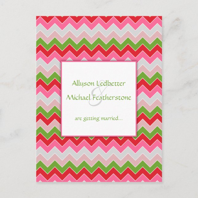 Pink Red Green Grey Chevron Stripe Save The Date Announcement Postcard (Front)