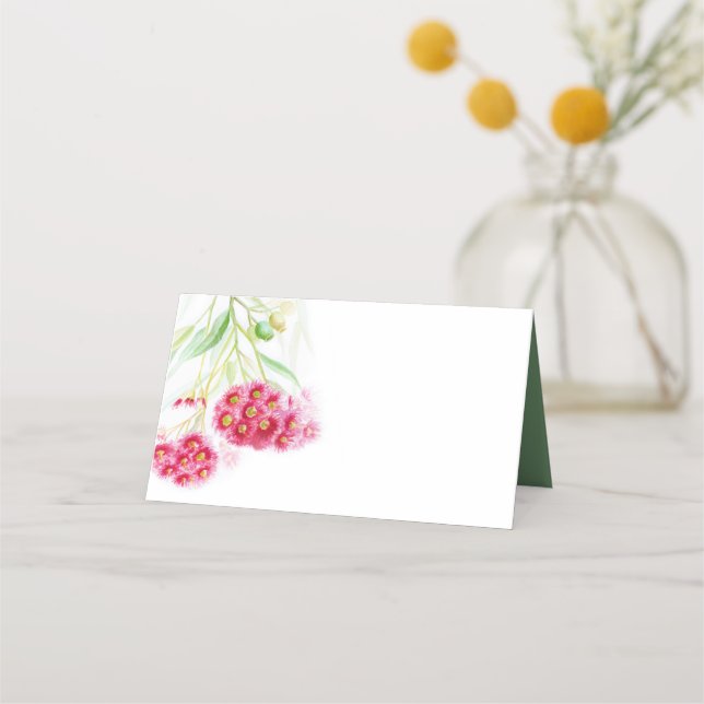 Pink red green gumnut art wedding place cards (Front)