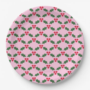 Pink Red Green Holly Christmas Paper Plate