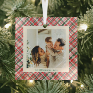 Pink Red Green Plaid Cute Photo Keepsake Christmas Glass Tree Decoration