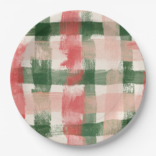 Pink Red Green Plaid White Plaid Stripes Birthday Paper Plate