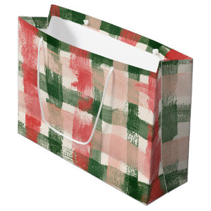 Pink Red Green Plaid White Plaid Stripes Christmas Large Gift Bag