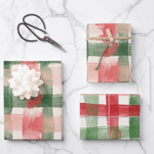 Pink Red Green Plaid White Plaid Stripes Christmas Wrapping Paper Sheet