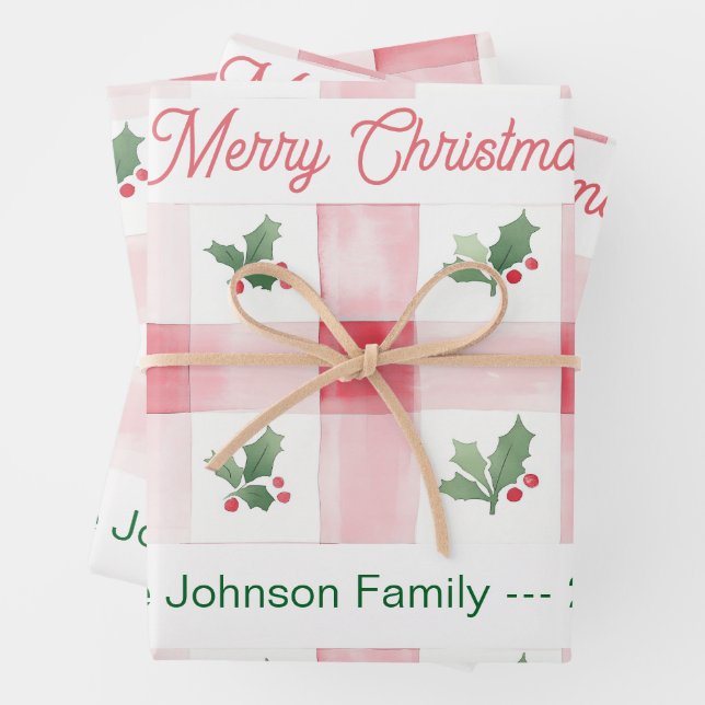 Pink Red Green Retro Personalised Christmas Wrapping Paper Sheet (In situ)