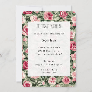 Pink Red Green Roses Floral Birthday Invitation