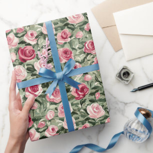 Pink Red Green Roses Floral Birthday Wrapping Paper