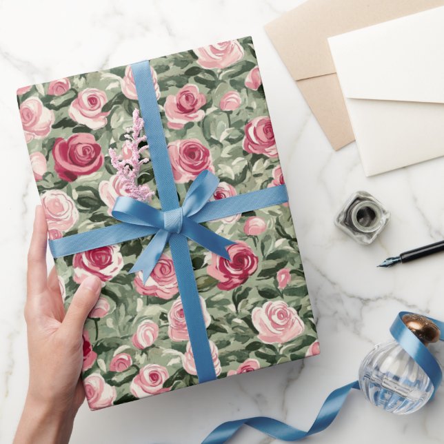 Pink Red Green Roses Floral Birthday Wrapping Paper (Gifting)