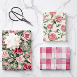 Pink Red Green Roses Floral Birthday Wrapping Paper Sheet