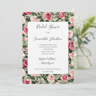 Pink Red Green Roses Floral Bridal Shower Invitation