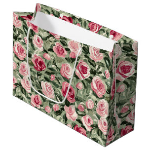 Pink Red Green Roses Floral Bridal Shower Large Gift Bag