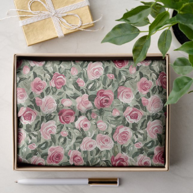 Pink Red Green Roses Floral Bridal Shower Tissue Paper (Gift)