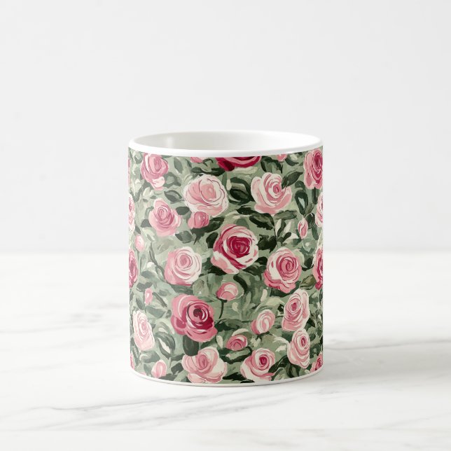 Pink Red Green Roses Floral  Coffee Mug (Center)