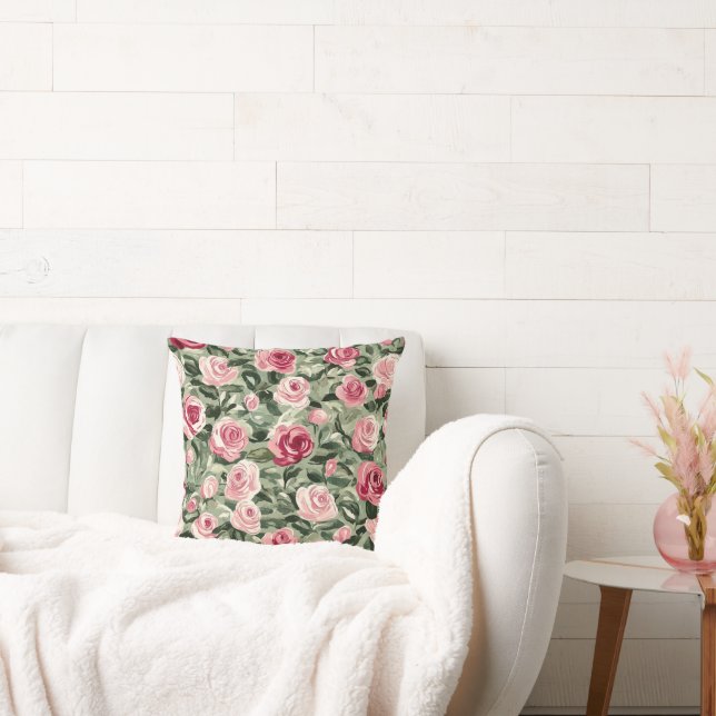 Pink Red Green Roses Floral Cushion (Couch)