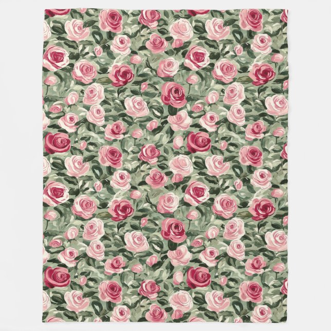 Pink Red Green Roses Floral Fleece Blanket (Front)