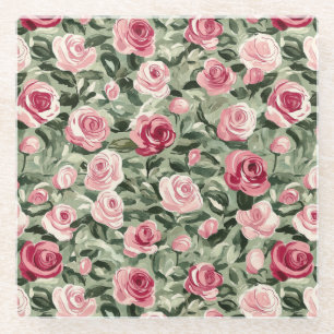 Pink Red Green Roses Floral Glass Coaster