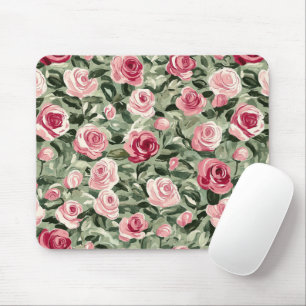 Pink Red Green Roses Floral Mouse Mat