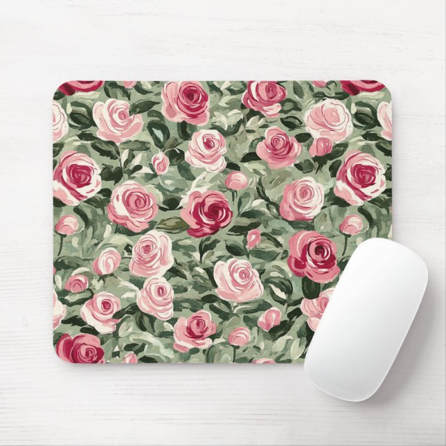 Pink Red Green Roses Floral Mouse Mat (With Mouse)