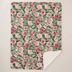 Pink Red Green Roses Floral Sherpa Blanket