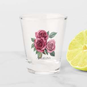 Pink Red Green Roses Floral Shot Glass