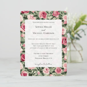 Pink Red Green Roses Floral Wedding Invitation