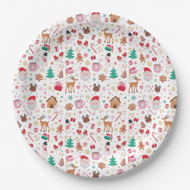 Pink Red Green Santa Claus Christmas Holiday Party Paper Plate (Front)