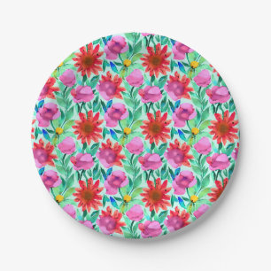 Pink, Red, Green Watercolor Flowers Paper Plate