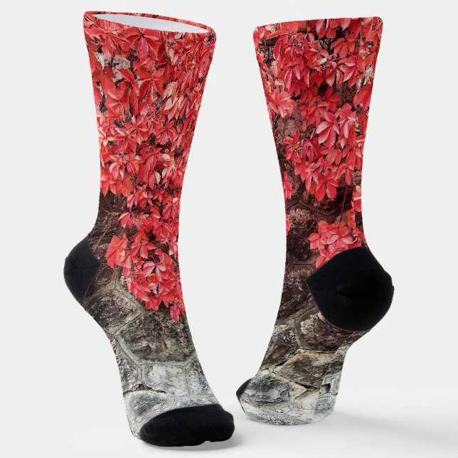 Pink red grey ivy leaves autumn abstract photo socks (Angled)