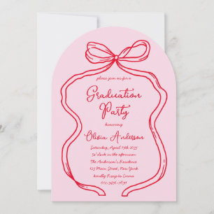Pink Red Hand Drawn Bow & Script Graduation Party Invitation