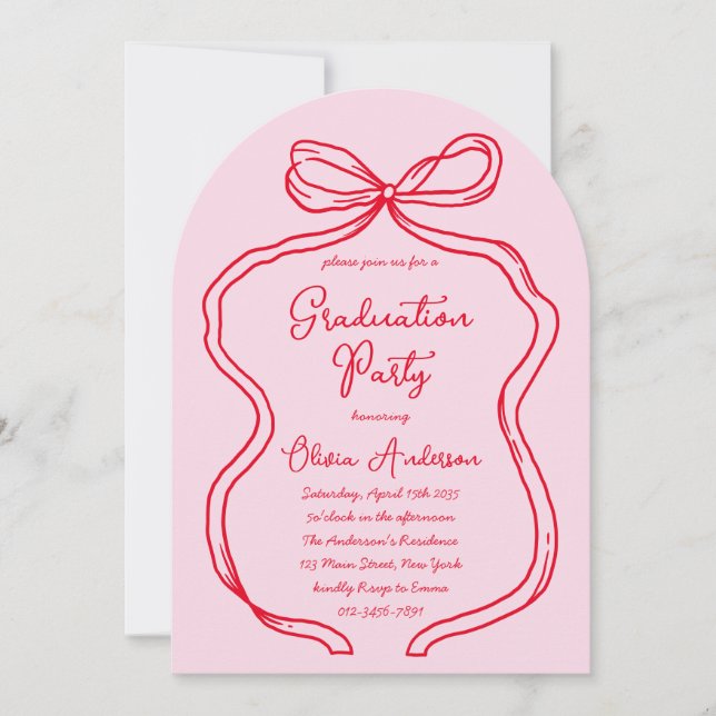 Pink Red Hand Drawn Bow & Script Graduation Party Invitation (Front)