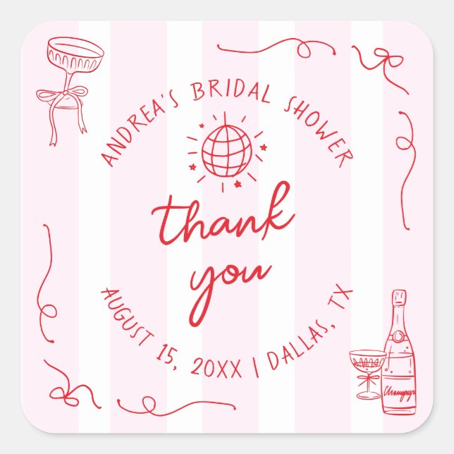 Pink & Red Hand Drawn Bridal Shower Thank You Square Sticker (Front)
